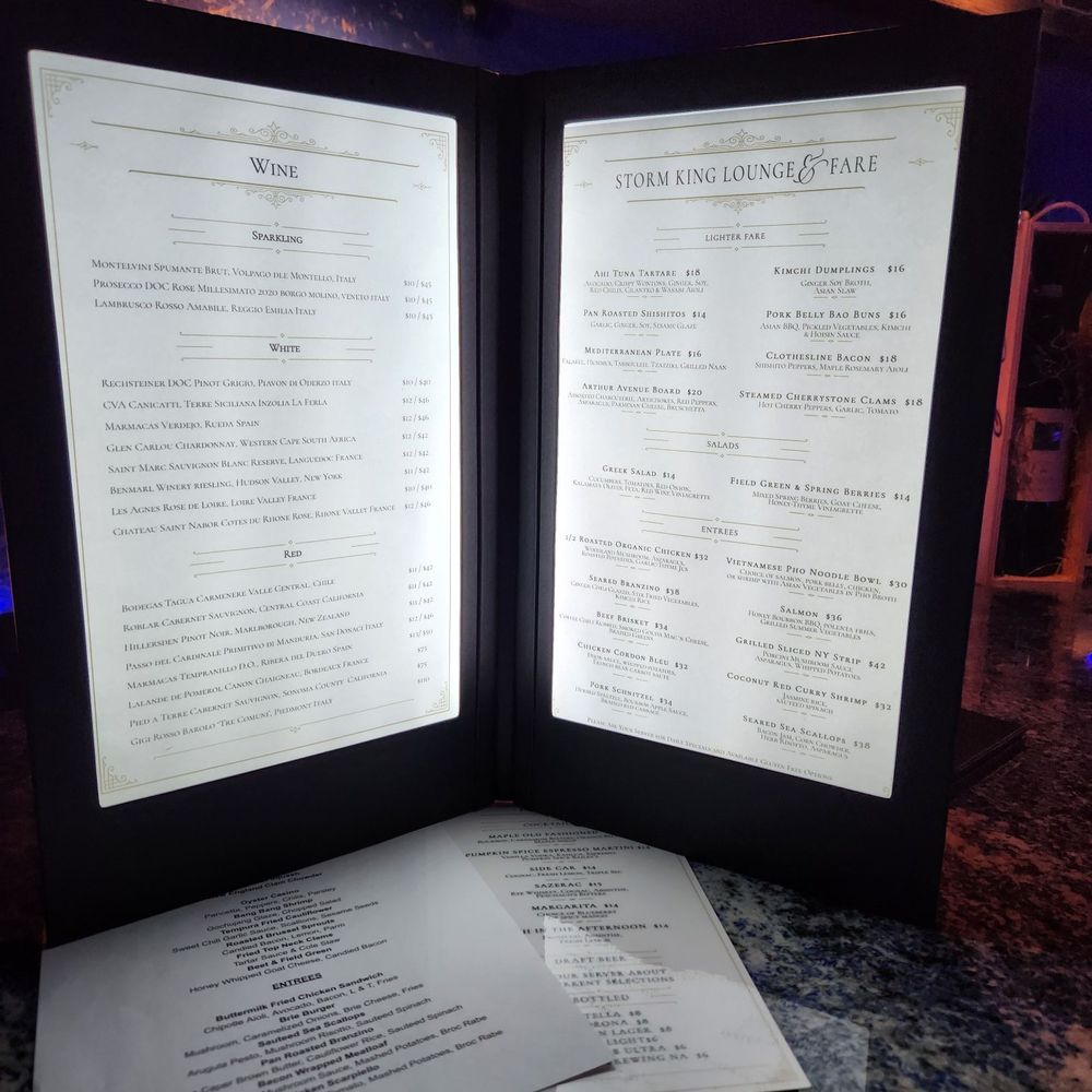 Storm King Lounge and Fare - Backlit menu - New American Near Me - Cornwall-on-Hudson, New York Storm King Lounge and Fare - Backlit menu - New American Near Me - Cornwall-on-Hudson, New York