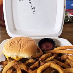Jaja's Burgers N Brats - Plain Jane Burger with everything. Plus hand cut fries.