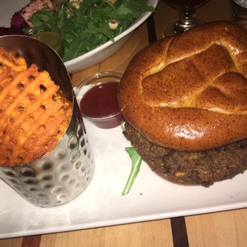 Root Down DIA - Veggie burger on pretzel bun with jalapeño jam and sweet potato waffle fries - New American Near Me - Denver, Colorado