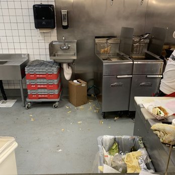 The Taco Stand - Look at where the glassware goes right next to dirty fryer, hand washing sink and filthy floors - Mexican Near Me - Orange, California