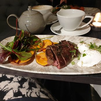 3Squared - Steak and eggs with sweet potato slice - Vegan Near Me - Manchester, XGM