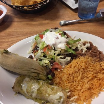 Burrito Los Azaderos & Mariscos - Combo chicken tamal, steak tostada and chicken enchilada with rice and Beans. - Mexican Near Me - St. Charles, Illinois