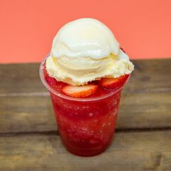 Los Alpes Ice Cream Parlor - Revuelto Strawberry raspado topped with vanilla ice cream.