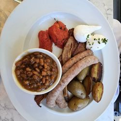 Eggs, sausage, duck beans