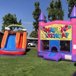 Cartoon Bounce House Rentals - Rainbow water slide. Happy birthday Bounce Houses .