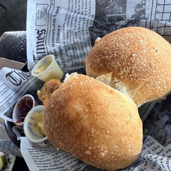 Farmhouse Cafe - Rolls and cornbread (cornbread was already eaten lol) - American Near Me - Huntsville, Texas