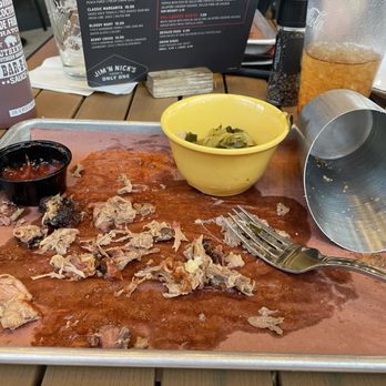 Jim 'N Nick's Bar-B-Q - Almost empty plate of pulled pork with collard greens and fries! - Barbeque Near Me - Alpharetta, Georgia Jim 'N Nick's Bar-B-Q - Almost empty plate of pulled pork with collard greens and fries! - Barbeque Near Me - Alpharetta, Georgia
