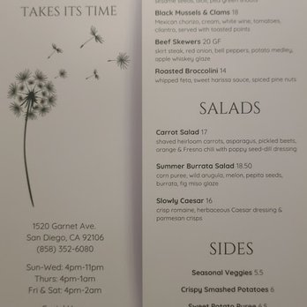 Slowly Restaurant & Lounge - One side of the main menu - Mediterranean Near Me - San Diego, California Slowly Restaurant & Lounge - One side of the main menu - Mediterranean Near Me - San Diego, California