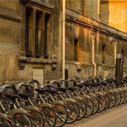 Vélib' Paris - Lineup of bicycles for rental. Late afternoon.