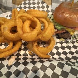 Eagles Nest - Bacon cheeseburger and onion rings