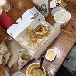 Church's Chicken - Mashed potatoes, French fries, gravy, chicken tenders, creamy jalapeño sauce