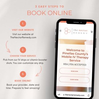 The Nectar Remedy - Three easy steps to book an appointment with The Nectar Remedy. - IV Hydration Near Me - Tampa Bay, Florida The Nectar Remedy - Three easy steps to book an appointment with The Nectar Remedy. - IV Hydration Near Me - Tampa Bay, Florida