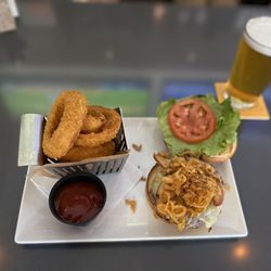 Ithaca Ale House - NYS Orchard Burger and onion ri gs