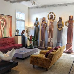 Hale's living room, filled with his artwork.