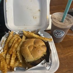 Plain cheeseburger, fries, and chocolate milkshake (no whipped cream or cherry)
