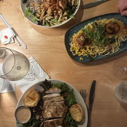 Pan Asian Chop Chop Salad (no wasabi drizzle), Warm Goat Cheese Salad - No Prosciutto, Seafood Linguine Pan Asian Chop Chop Salad (no wasabi drizzle), Warm Goat Cheese Salad - No Prosciutto, Seafood Linguine