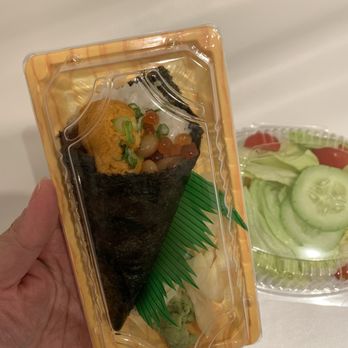 Sushi Yoshi - Uni Hand Roll (Sea Urchins) and salad - Sushi Bars Near Me - Brooklyn, New York Sushi Yoshi - Uni Hand Roll (Sea Urchins) and salad - Sushi Bars Near Me - Brooklyn, New York