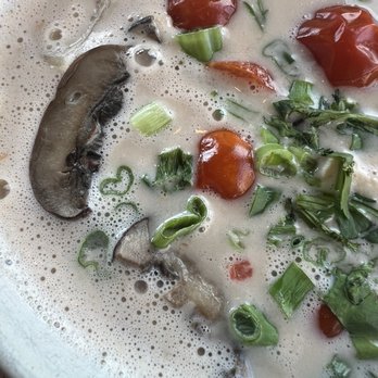 Green Elephant - Thom ka style coconut soup with steamed tofu, baby bella mushrooms, cherry tomatoes, onion, scallions, and cilantro! - Vegetarian Near Me - Portsmouth, New Hampshire Green Elephant - Thom ka style coconut soup with steamed tofu, baby bella mushrooms, cherry tomatoes, onion, scallions, and cilantro! - Vegetarian Near Me - Portsmouth, New Hampshire