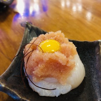 Sushi Murayama - Hokkaido Scallop w/ mentaiko and quail egg (uzura) - Sushi Bars Near Me - Honolulu, Hawaii