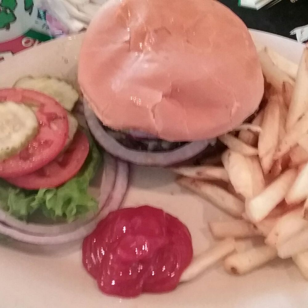 O'Connell's Irish Pub & Grille - Swiss cheeseburger with fresh veggies on side. Pickles were awesome! - Burgers Near Me - Norman, Oklahoma