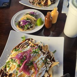 Red Chilliques and chorizo tacos
