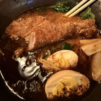 WAYA Japanese Izakaya - Black pork to katsu. All the black bits are burnt garlic which made broth bitter. Look at the eggs and decide for yourself. - Japanese Near Me - Dallas, Texas WAYA Japanese Izakaya - Black pork to katsu. All the black bits are burnt garlic which made broth bitter. Look at the eggs and decide for yourself. - Japanese Near Me - Dallas, Texas