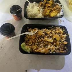 Chicken noodle curry and chicken curry with basmati rice