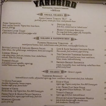 Yardbird - Brunch, top half of menu (Saturday brunch 2015-07-18) - Southern Near Me - Las Vegas, Nevada Yardbird - Brunch, top half of menu (Saturday brunch 2015-07-18) - Southern Near Me - Las Vegas, Nevada