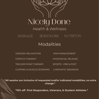 Nicely Done Health & Wellness - Modalities & Services - Massage Therapy Near Me - Orange Beach, Alabama Nicely Done Health & Wellness - Modalities & Services - Massage Therapy Near Me - Orange Beach, Alabama