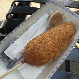 Pickle corn dog with peanut sauce