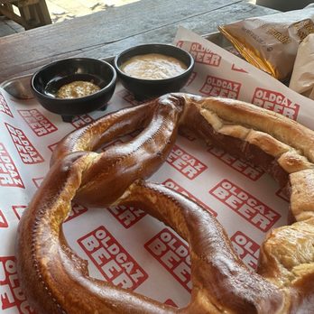 Old Caz Beer - Pretzel with mustard and cheese sauce. - Breweries Near Me - Rohnert Park, California