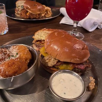 Eureka! - Macaroni balls and cowboy burger with their Watermelon Hibiscus Spicy Agua Fresca - Burgers Near Me - Claremont, California