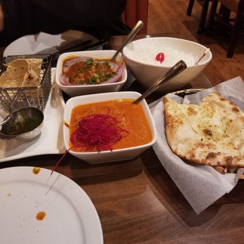 An Indian Affair - Left: free appetizer with dips. Top: chick peas and rice. Bottom: butter chicken garnished with beets and garlic naan. - Indian Near Me - Langley, British Columbia