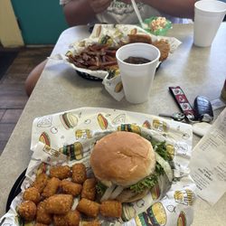 Daisy Jo's - Grilled chicken sandwich w/ tater tots, and Chicken tenders and fries!