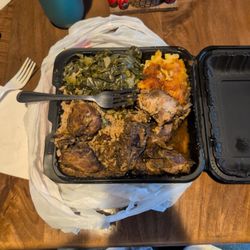 Nyammins Kitchen And Grill - Brown Stewed Chicken, Rice and Peas, Collard Greens, and Mac and Cheese.