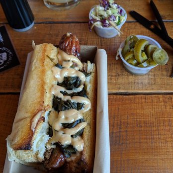 Lowry Beer Garden - The elk dog. Not my favorite, but not terrible either. - Burgers Near Me - Denver, Colorado