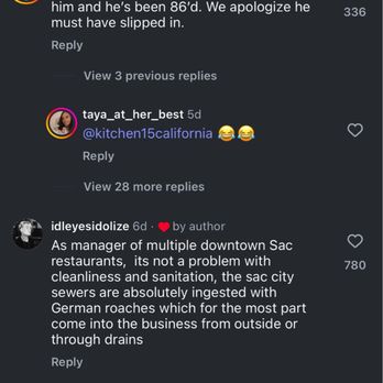 Kitchen 15 - The company commenting in a joking way about the roach, even by giving it a name - Breakfast & Brunch Near Me - Sacramento, California Kitchen 15 - The company commenting in a joking way about the roach, even by giving it a name - Breakfast & Brunch Near Me - Sacramento, California