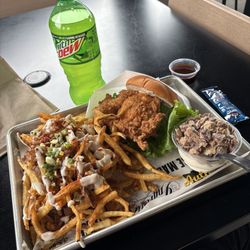 Deluxe chicken sandwich, fried. Regular loaded fries. Single scoop vanilla custard with peanut butter cup added.