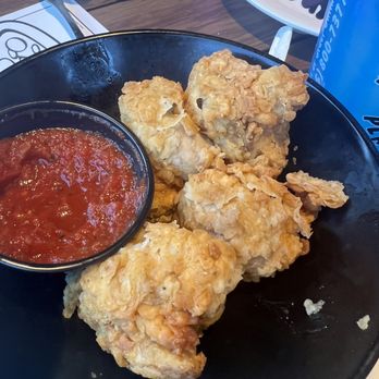 Hideaway Pizza - Fried mushrooms (1/2 eaten) wouldn't recommend, mushroom is kind of raw (hard) with coating. - Pizza Near Me - Plano, Texas