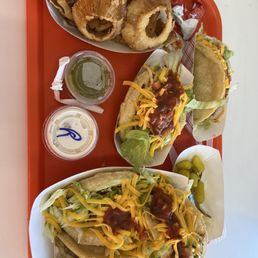 Ground beef fluffy tacos & Onion rings!