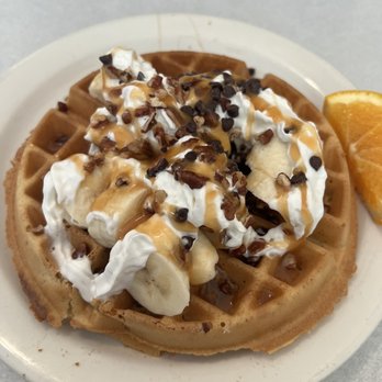 Ocean Diner - Not on the menu but asked them to remake a pecan banana waffle and they did! Subbed the butterscotch for caramel :-) - Diners Near Me - Hermosa Beach, California Ocean Diner - Not on the menu but asked them to remake a pecan banana waffle and they did! Subbed the butterscotch for caramel :-) - Diners Near Me - Hermosa Beach, California