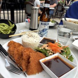 Chicken Katsu-very crunchy pounded think chicken w/a clove hoisin sauce & shrimp tempura roll...and Kirin light. Chicken Katsu-very crunchy pounded think chicken w/a clove hoisin sauce & shrimp tempura roll...and Kirin light.