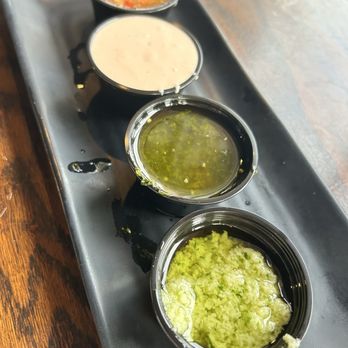 Oh Que Bueno Restaurant - Semoran - Four house sauce. Excellent !!! Top down. Hot sauce, Mayo Ketchup, chimichurri and a very good garlic and oil. All great!! - Sports Bars Near Me - Orlando, Florida Oh Que Bueno Restaurant - Semoran - Four house sauce. Excellent !!! Top down. Hot sauce, Mayo Ketchup, chimichurri and a very good garlic and oil. All great!! - Sports Bars Near Me - Orlando, Florida