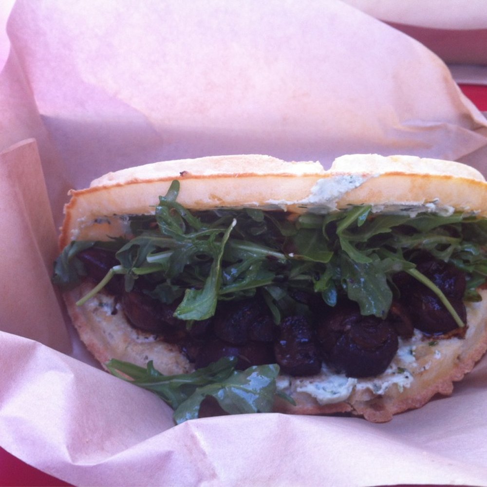 Bruxie - Wild mushroom, goat cheese, and arugula waffle - Sandwiches Near Me - Orange, California Bruxie - Wild mushroom, goat cheese, and arugula waffle - Sandwiches Near Me - Orange, California