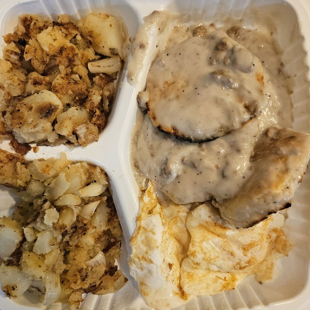 Biscuits and gravy, home fries, and two over easy eggs for $8.79!
