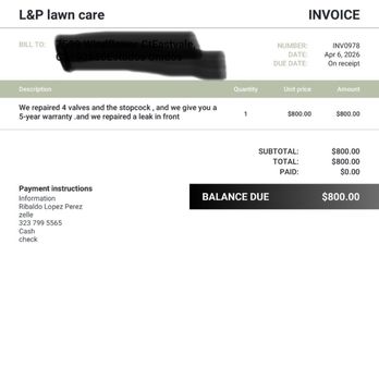 L&P Tree Service - Their invoice where they say they warranty their sprinklers. - Landscaping Near Me
