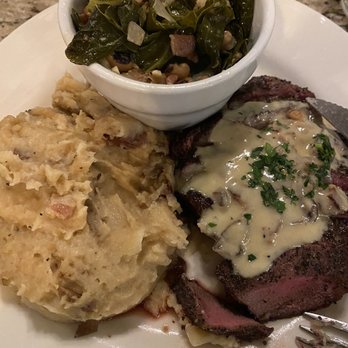 Rabalais' Bistro - Flat Iron Steak with Mashed Potatoes and Collard greens with Black-Eyed Beans. - Bakeries Near Me - Santa Paula, California Rabalais' Bistro - Flat Iron Steak with Mashed Potatoes and Collard greens with Black-Eyed Beans. - Bakeries Near Me - Santa Paula, California