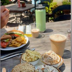 The Garden Market - Egg, tuna , and chicken salad sampler . Meatloaf sandwich and a blended vanilla Chai Frost