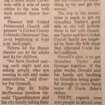 Pleasant Hill Pentecostal Church - Dinner theater coming up this weekend. Can't wait, looks entertaining. - Churches Near Me - Corinth, Mississippi Pleasant Hill Pentecostal Church - Dinner theater coming up this weekend. Can't wait, looks entertaining. - Churches Near Me - Corinth, Mississippi