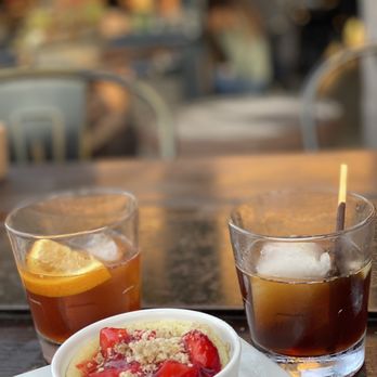 Bosscat Kitchen & Libations - Strawberry butter cake and the drink on the right was a coffee drink "Surviving the times" - New American Near Me - Irvine, California